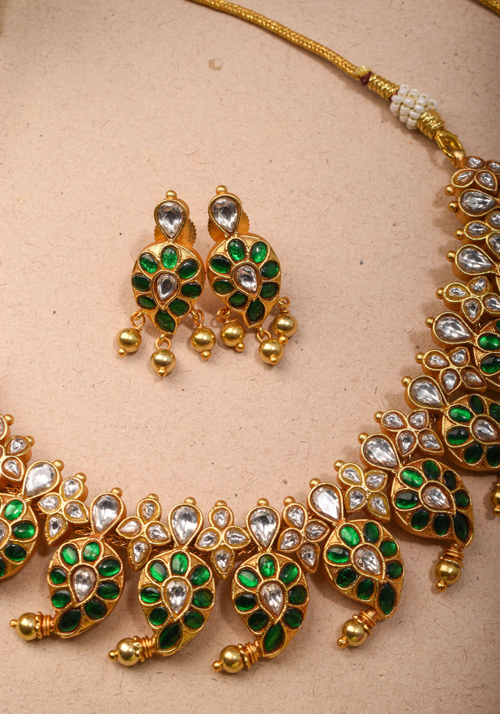 Mango Necklace Jadau Set with  White and Green Stones | Shobitam Jewelry