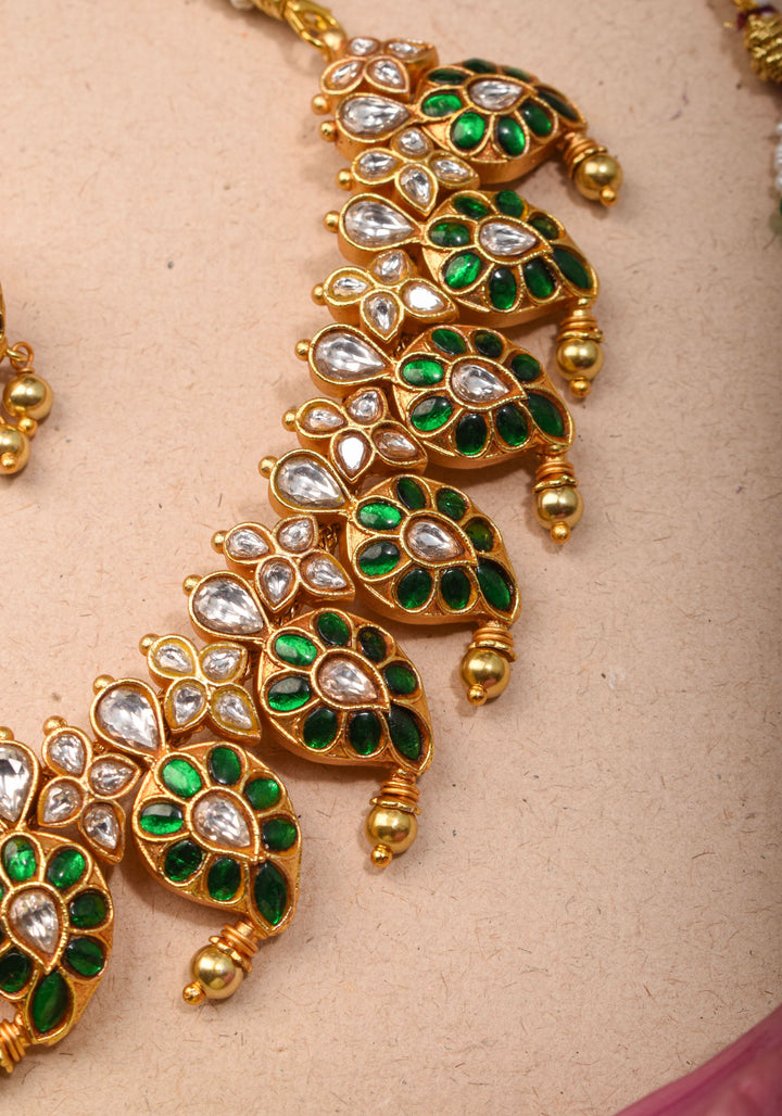 Mango Necklace Jadau Set with  White and Green Stones | Shobitam Jewelry