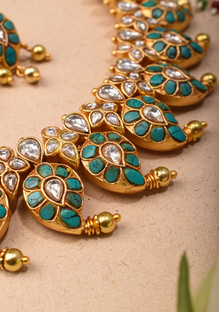 Mango Necklace Jadau Set with Cyan and White Stones | Shobitam Jewelry