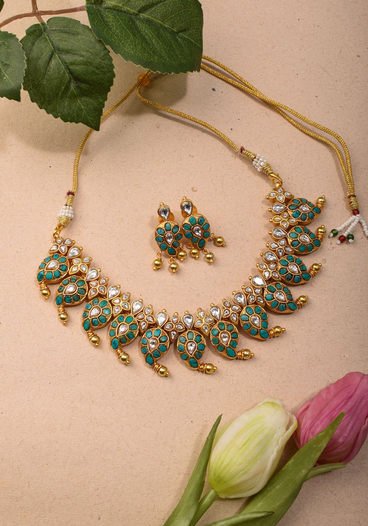 Mango Necklace Jadau Set with Cyan and White Stones | Shobitam Jewelry