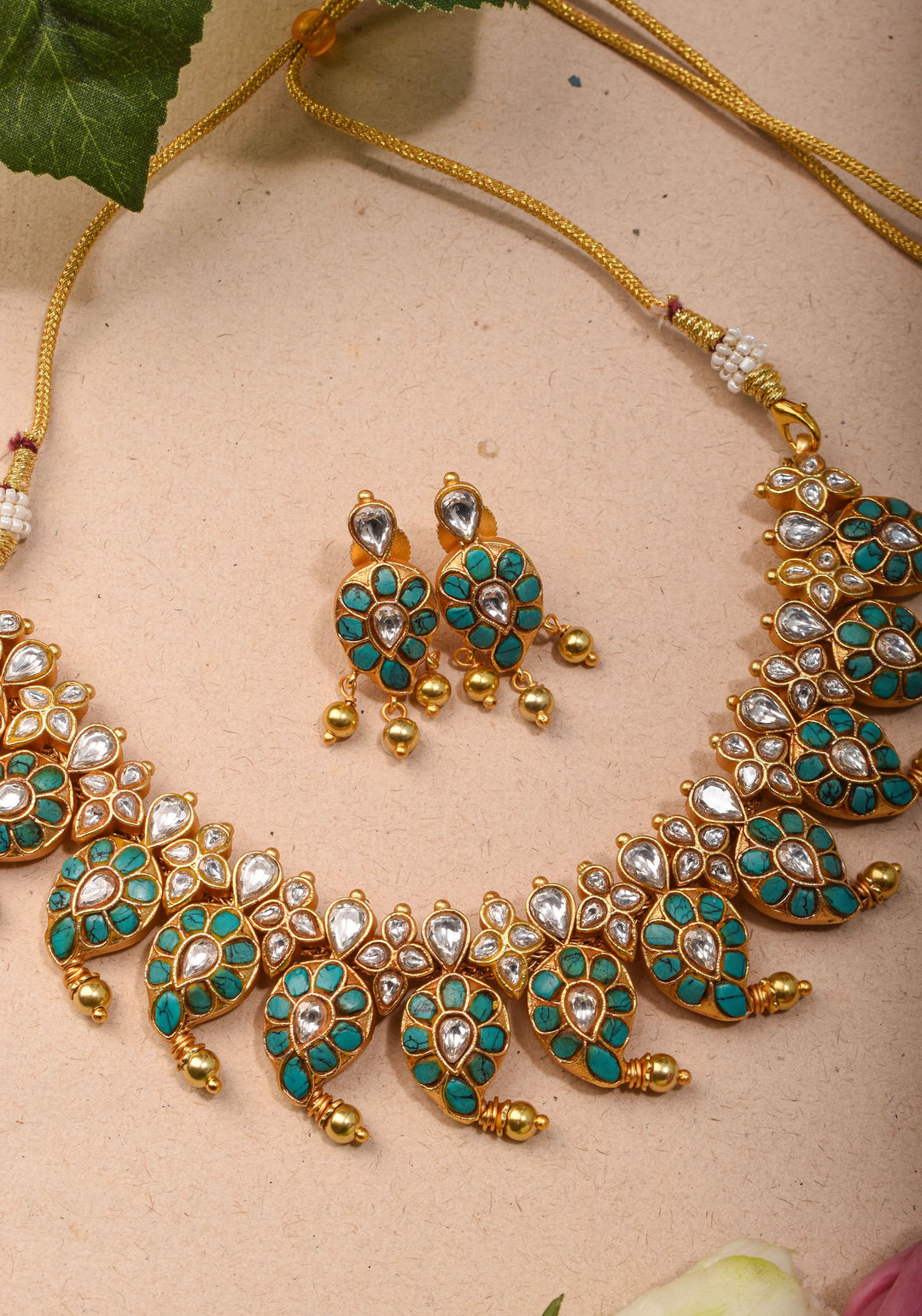 Mango Necklace Jadau Set with Cyan and White Stones | Shobitam Jewelry