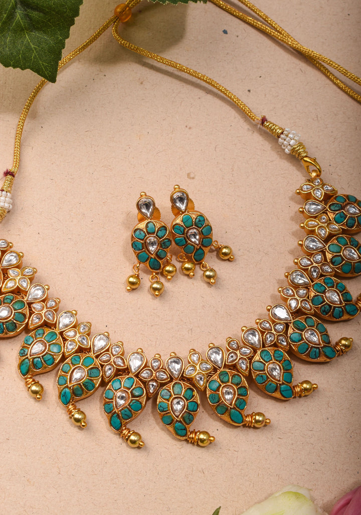 Mango Necklace Jadau Set with Cyan and White Stones | Shobitam Jewelry