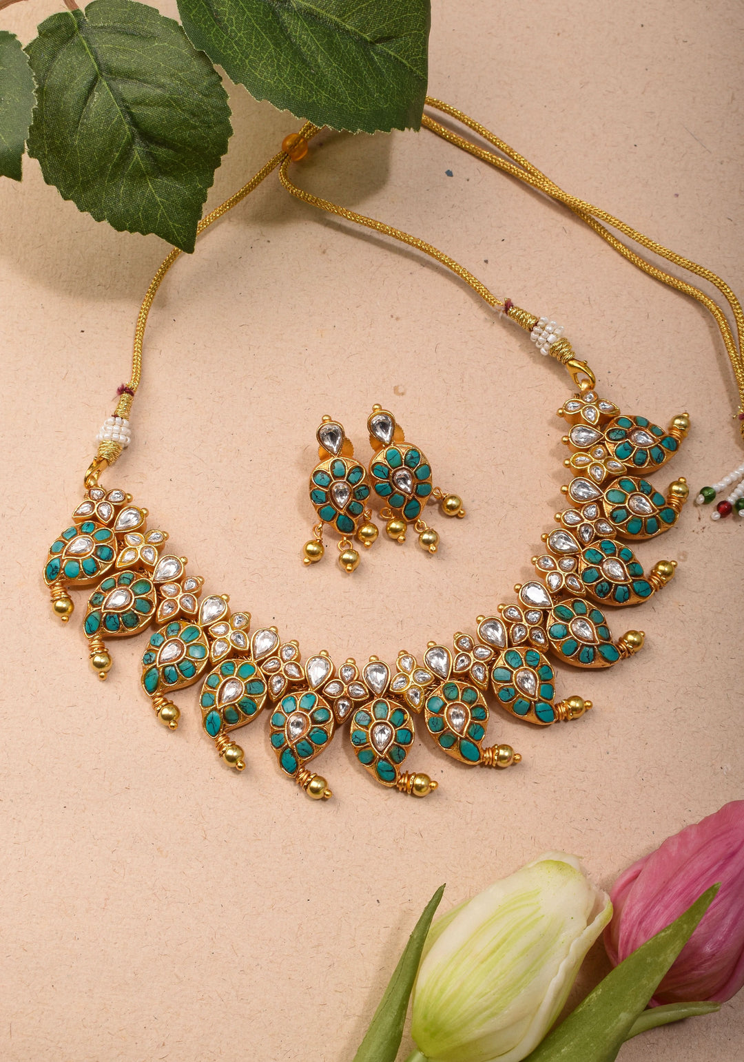 Mango Necklace Jadau Set with Cyan and White Stones | Shobitam Jewelry