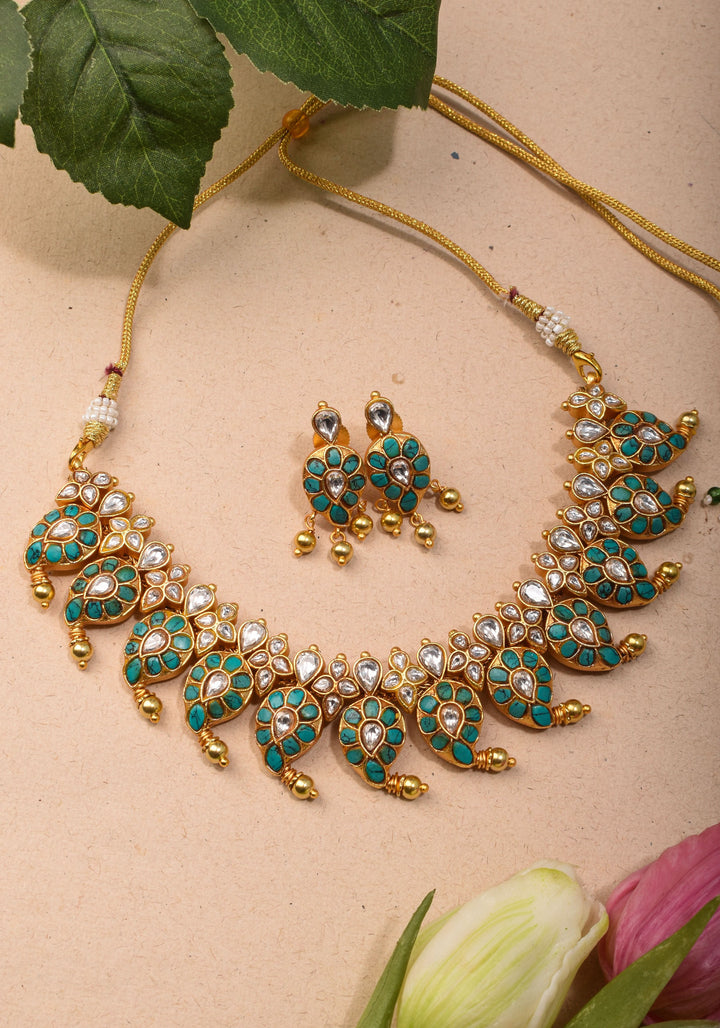 Mango Necklace Jadau Set with Cyan and White Stones | Shobitam Jewelry