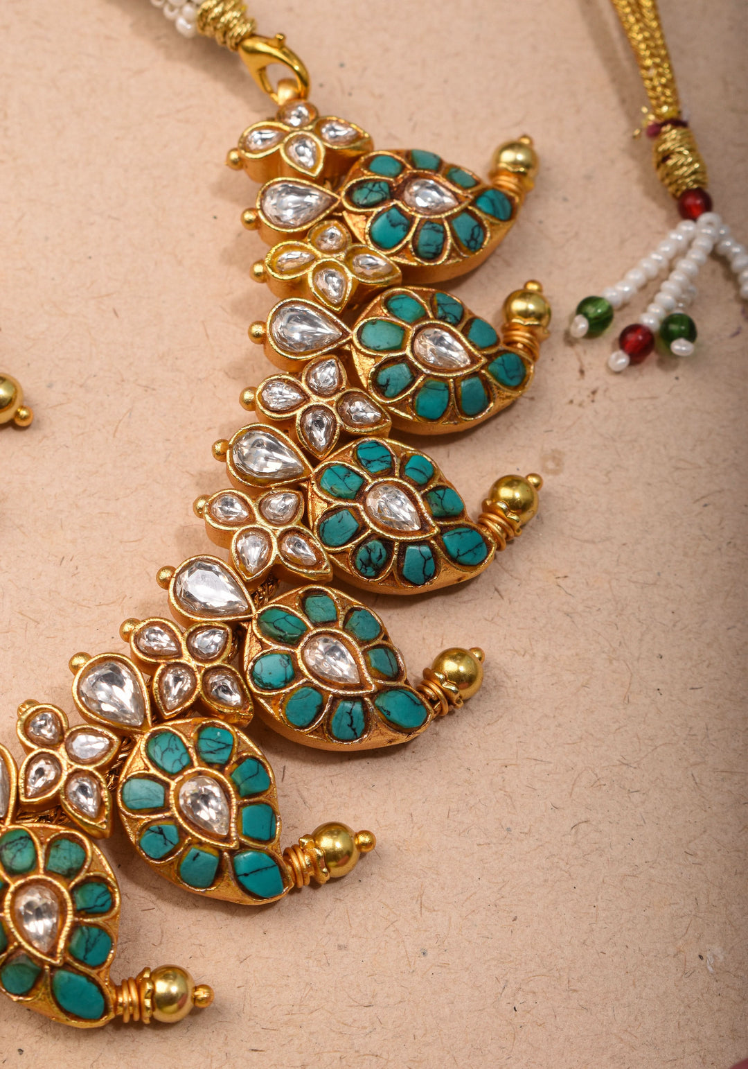 Mango Necklace Jadau Set with Cyan and White Stones | Shobitam Jewelry