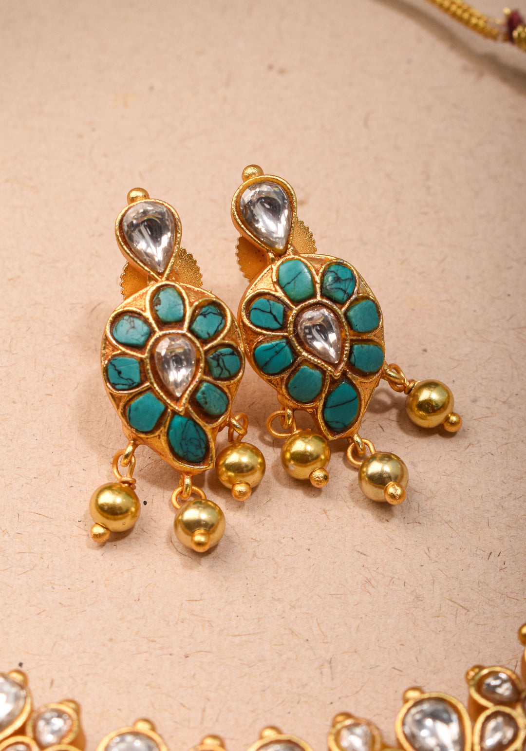 Mango Necklace Jadau Set with Cyan and White Stones | Shobitam Jewelry