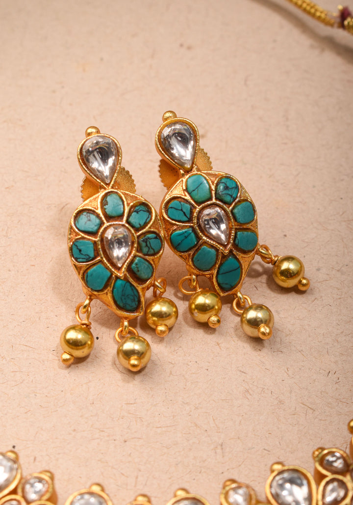 Mango Necklace Jadau Set with Cyan and White Stones | Shobitam Jewelry