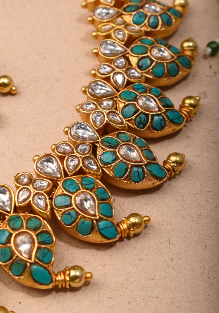 Mango Necklace Jadau Set with Cyan and White Stones | Shobitam Jewelry