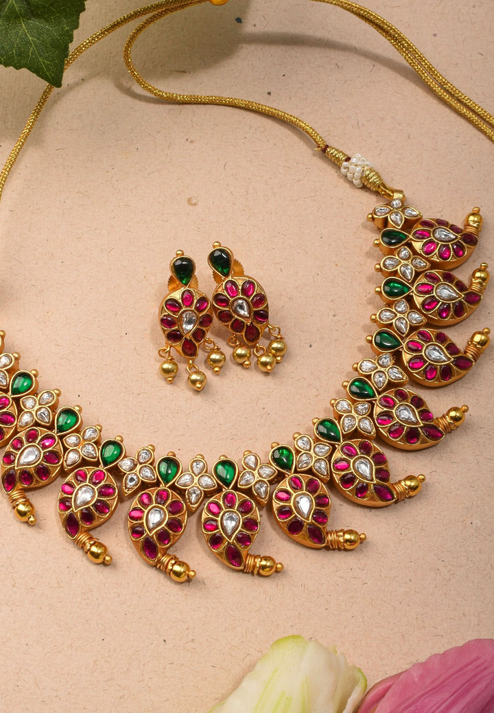 Mango Necklace Jadau Set with Pink,White and Green Stones | Shobitam Jewelry
