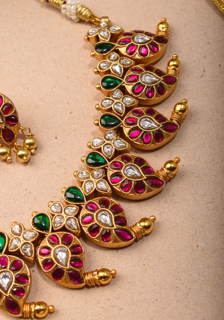 Mango Necklace Jadau Set with Pink,White and Green Stones | Shobitam Jewelry