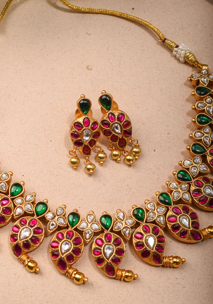 Mango Necklace Jadau Set with Pink,White and Green Stones | Shobitam Jewelry