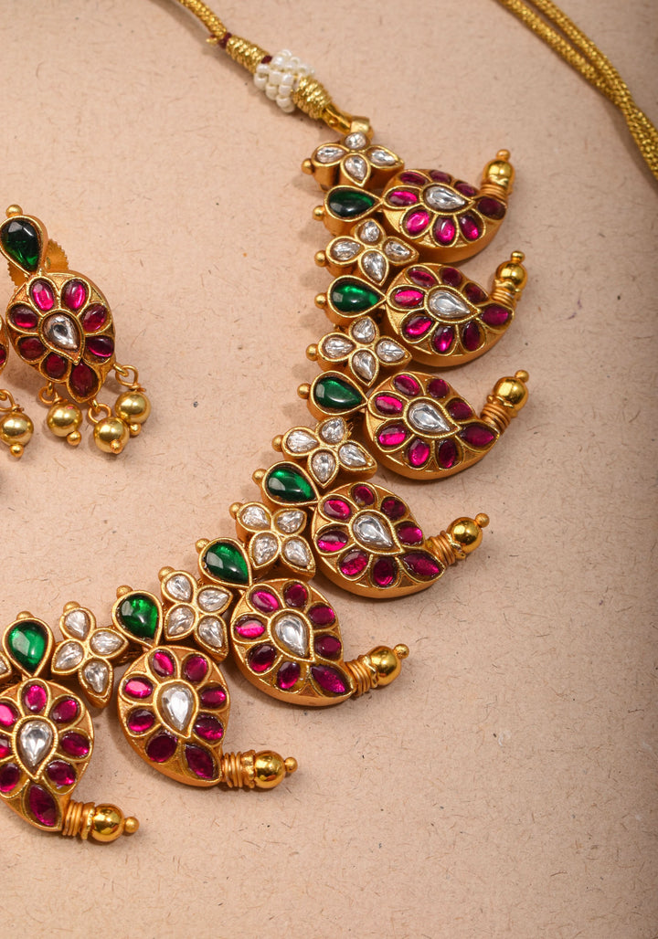 Mango Necklace Jadau Set with Pink,White and Green Stones | Shobitam Jewelry