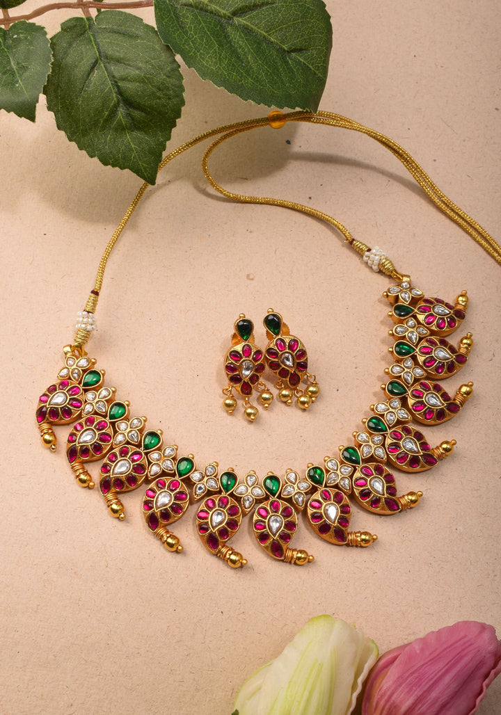 Mango Necklace Jadau Set with Pink,White and Green Stones | Shobitam Jewelry