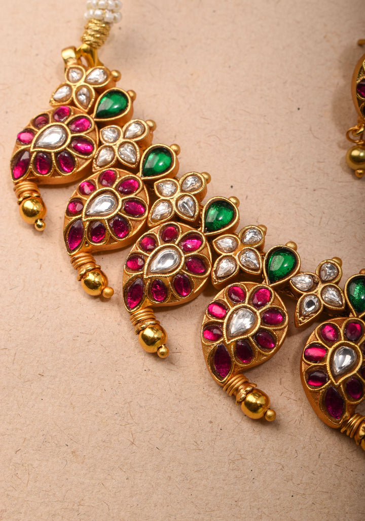 Mango Necklace Jadau Set with Pink,White and Green Stones | Shobitam Jewelry
