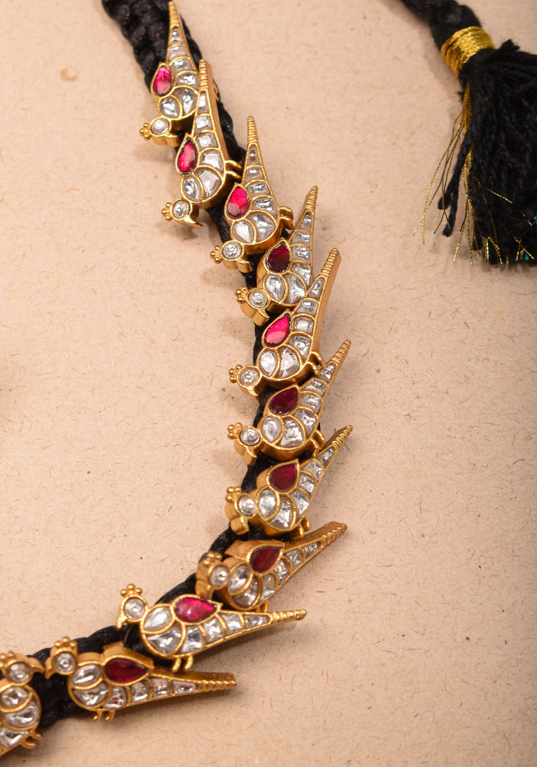 Peacock Choker Set With Kundan Stone in Black Thread And Matching Earrings