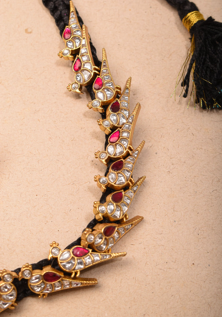 Peacock Choker Set With Kundan Stone in Black Thread And Matching Earrings