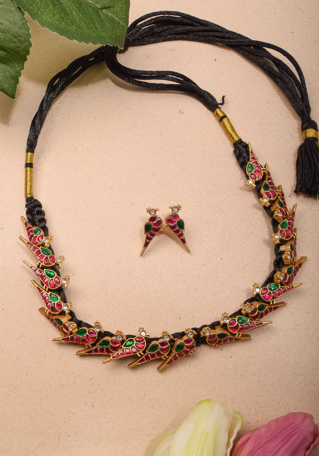Peacock Choker Set With Kundan Stone in Black Thread And Matching Earrings