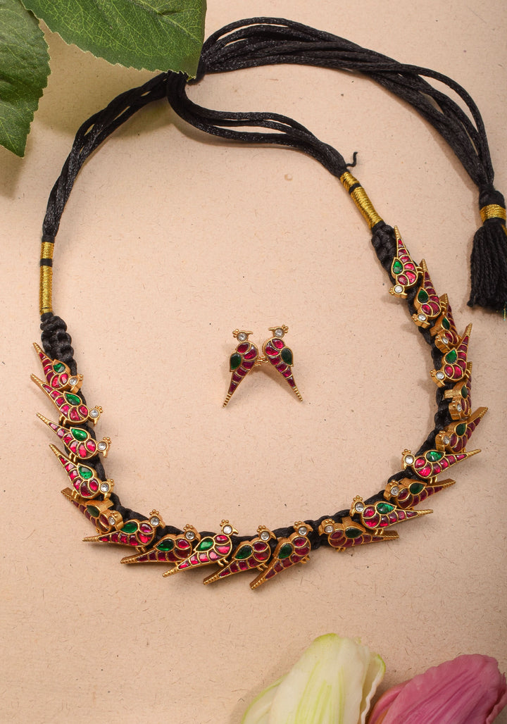 Peacock Choker Set With Kundan Stone in Black Thread And Matching Earrings