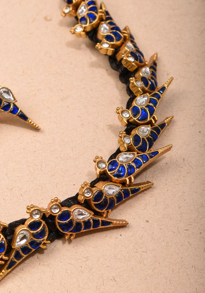 Peacock Choker Set Kundan Stone in Black Thread and Matching Earrings | Shobitam jewelry
