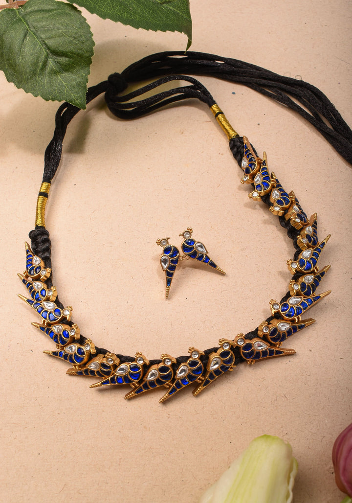 Peacock Choker Set Kundan Stone in Black Thread and Matching Earrings | Shobitam jewelry