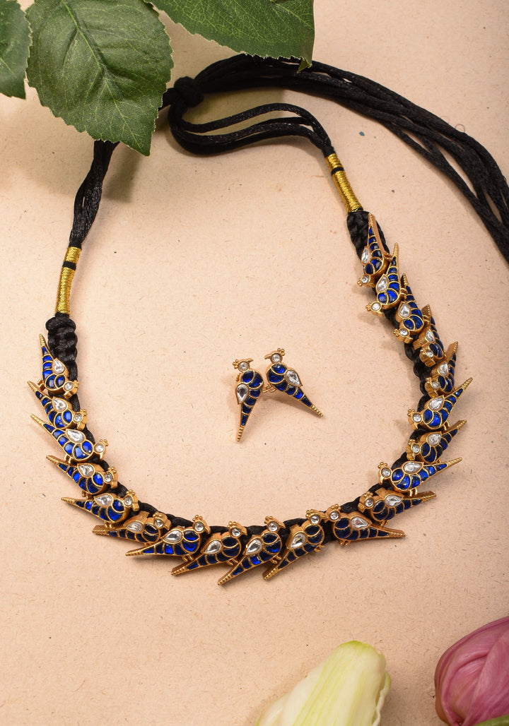 Peacock Choker Set Kundan Stone in Black Thread and Matching Earrings | Shobitam jewelry