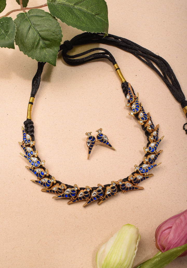 Peacock Choker Set Kundan Stone in Black Thread and Matching Earrings | Shobitam jewelry