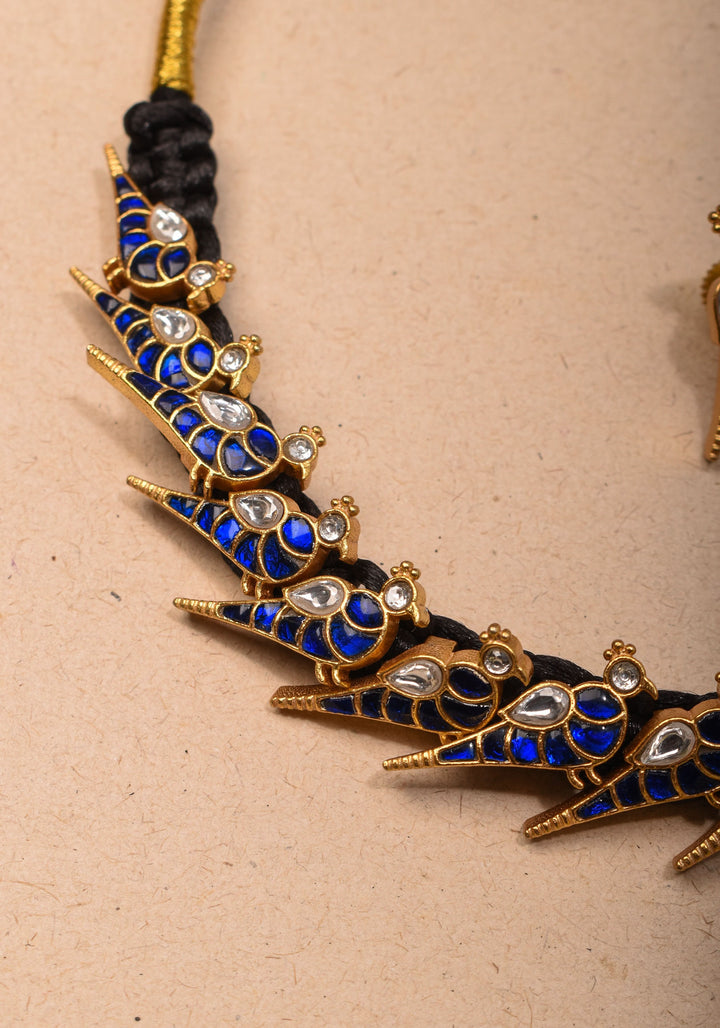 Peacock Choker Set Kundan Stone in Black Thread and Matching Earrings | Shobitam jewelry