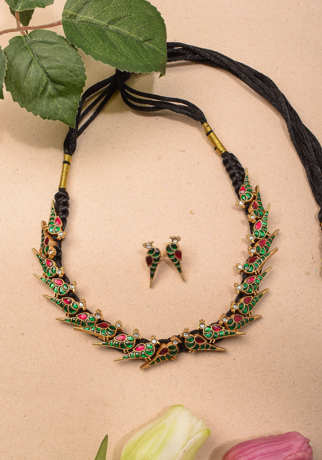 Peacock Choker Set With Kundan Stone in Black Thread And Matching Earrings