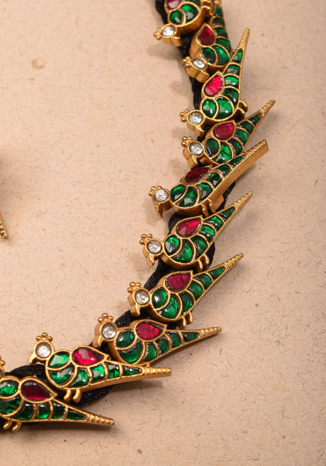 Peacock Choker Set With Kundan Stone in Black Thread And Matching Earrings