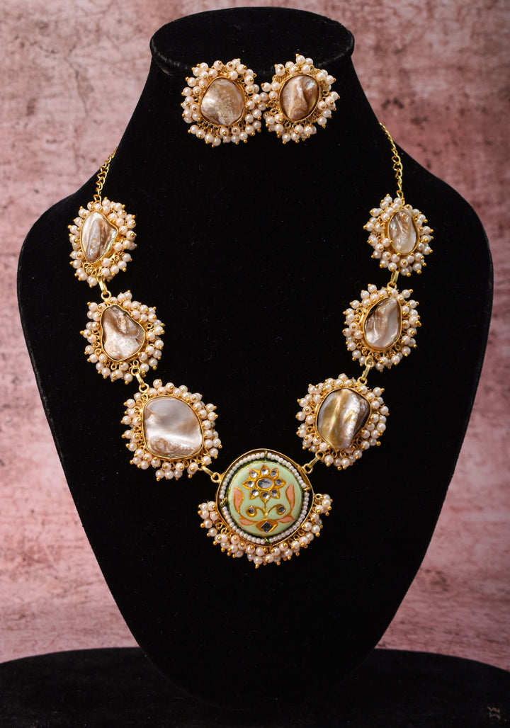 Mother of Pearls Necklace Set with round Meenakari pendant and White stone  |Shobitam Jewelry
