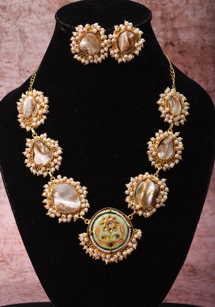 Mother of Pearls Necklace Set with round Meenakari pendant and White stone  |Shobitam Jewelry