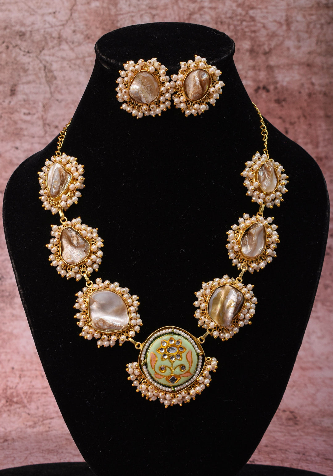 Mother of Pearls Necklace Set with round Meenakari pendant and White stone  |Shobitam Jewelry