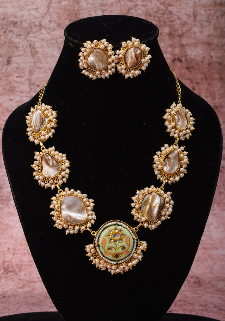 Mother of Pearls Necklace Set with round Meenakari pendant and White stone  |Shobitam Jewelry
