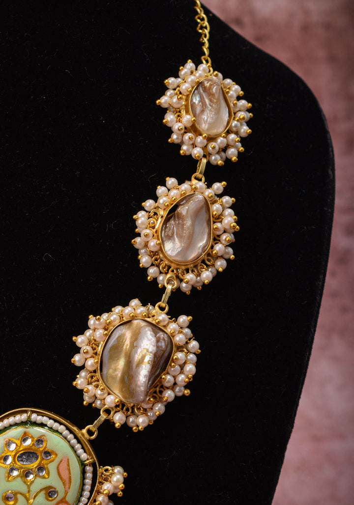 Mother of Pearls Necklace Set with round Meenakari pendant and White stone  |Shobitam Jewelry