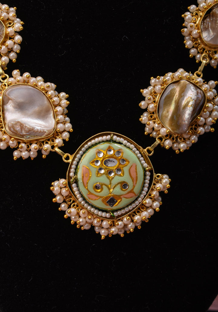 Mother of Pearls Necklace Set with round Meenakari pendant and White stone  |Shobitam Jewelry