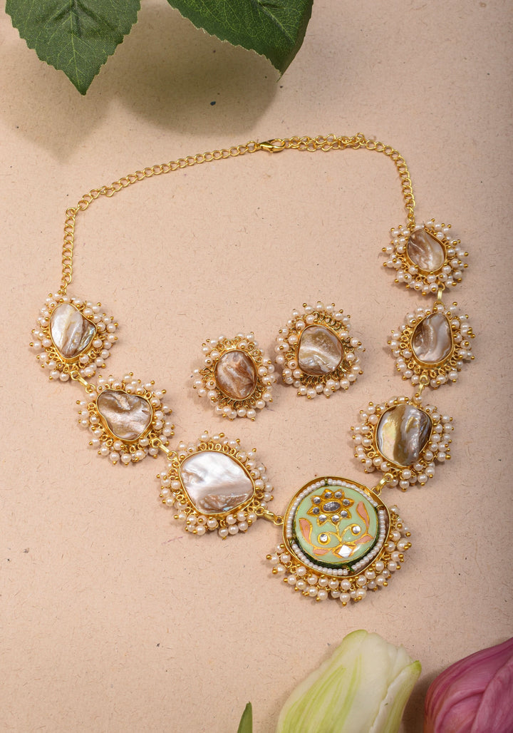 Mother of Pearls Necklace Set with round Meenakari pendant and White stone  |Shobitam Jewelry