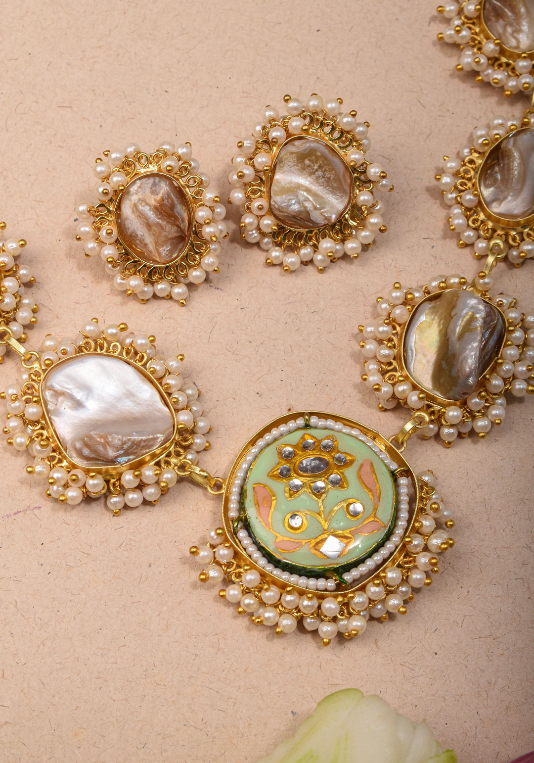 Mother of Pearls Necklace Set with round Meenakari pendant and White stone  |Shobitam Jewelry