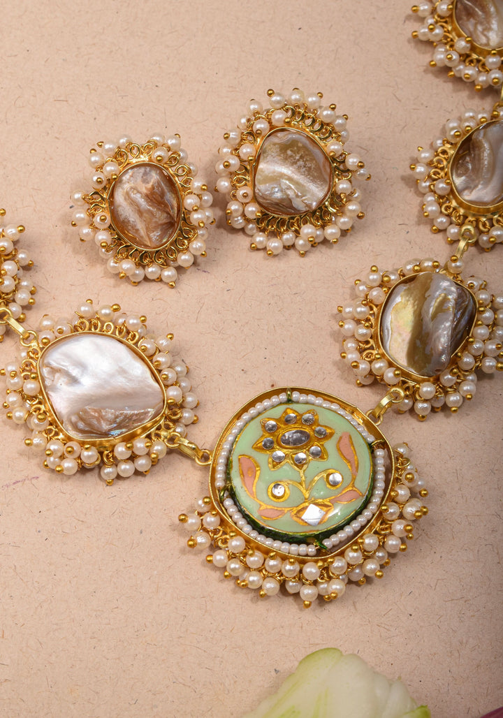 Mother of Pearls Necklace Set with round Meenakari pendant and White stone  |Shobitam Jewelry