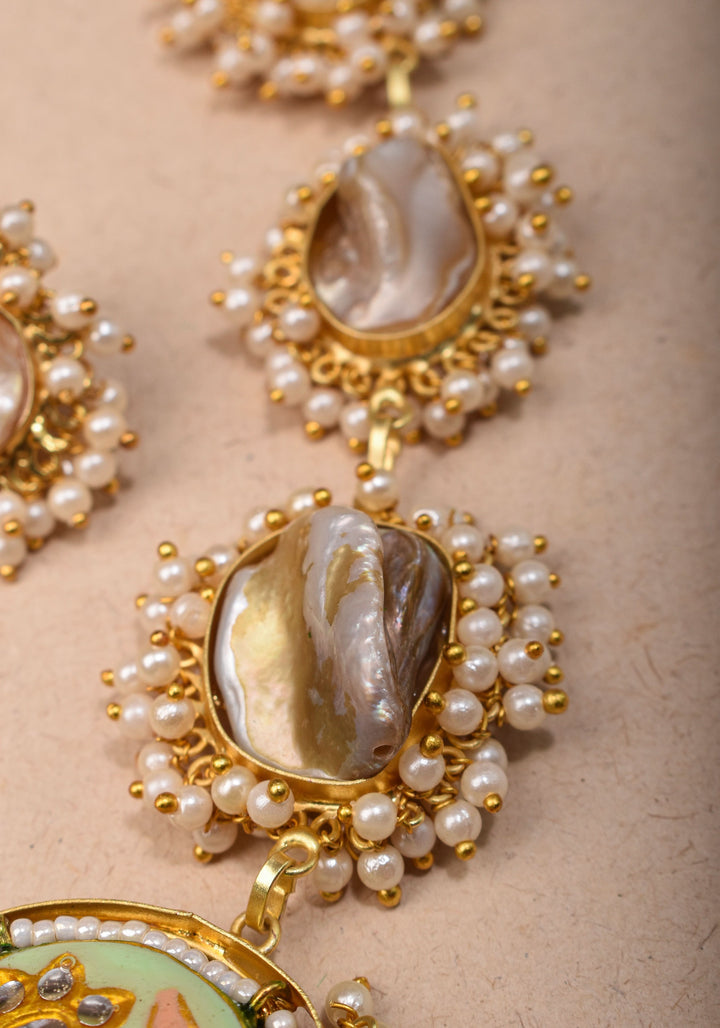 Mother of Pearls Necklace Set with round Meenakari pendant and White stone  |Shobitam Jewelry