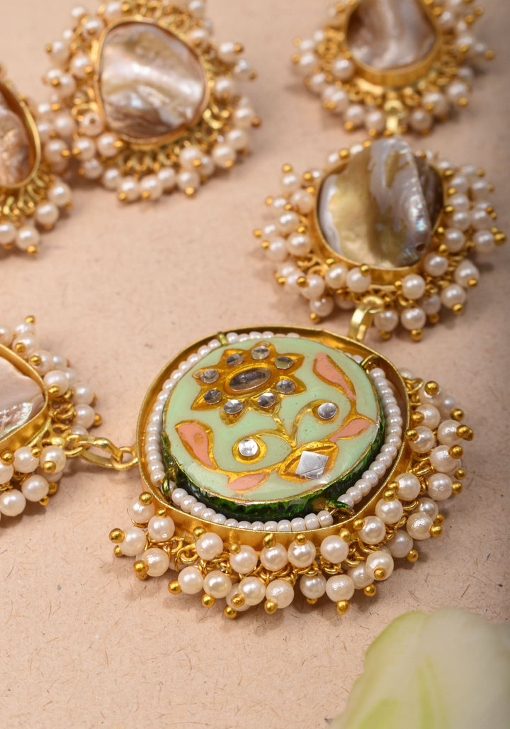 Mother of Pearls Necklace Set with round Meenakari pendant and White stone  |Shobitam Jewelry