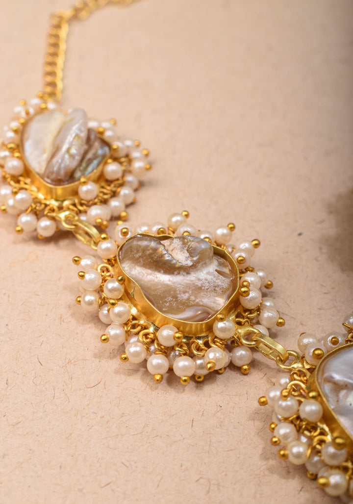 Mother of Pearls Necklace Set with round Meenakari pendant and White stone  |Shobitam Jewelry