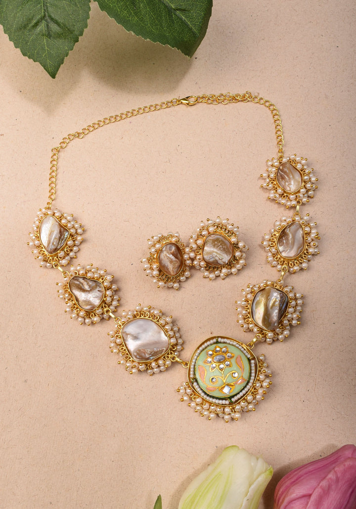 Mother of Pearls Necklace Set with round Meenakari pendant and White stone  |Shobitam Jewelry