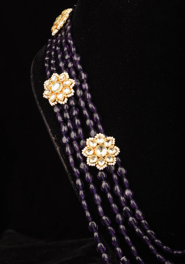 Elegant Purple Multistrand Beads Ahmedabadi Jadau Kundan Long Necklace Set