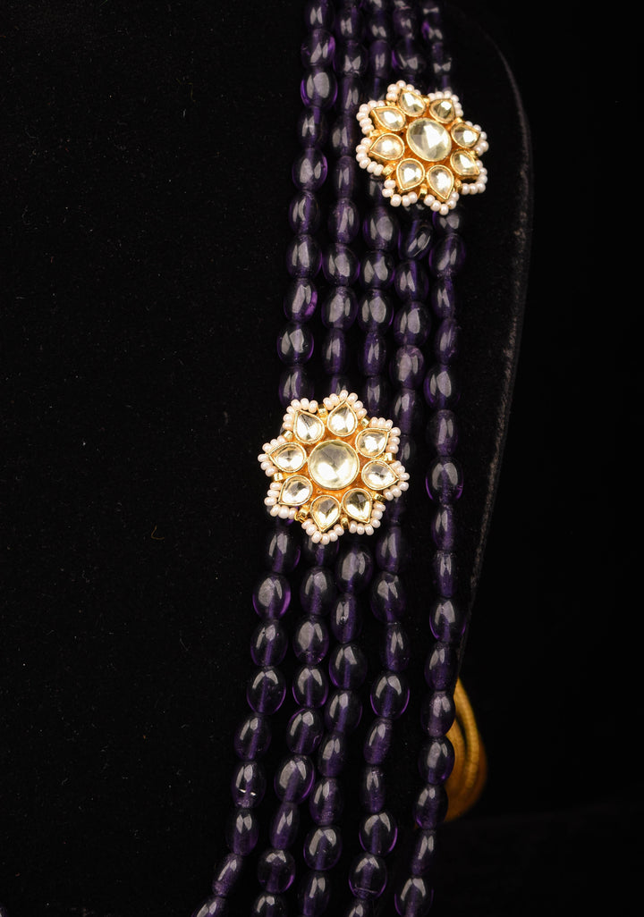 Elegant Purple Multistrand Beads Ahmedabadi Jadau Kundan Long Necklace Set
