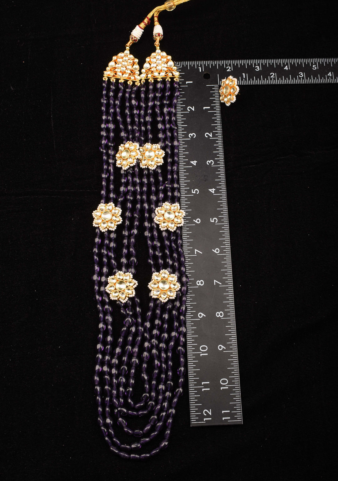 Elegant Purple Multistrand Beads Ahmedabadi Jadau Kundan Long Necklace Set