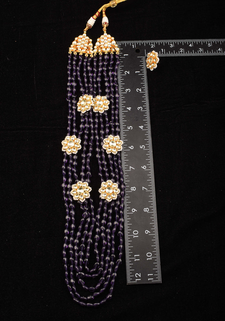 Elegant Purple Multistrand Beads Ahmedabadi Jadau Kundan Long Necklace Set