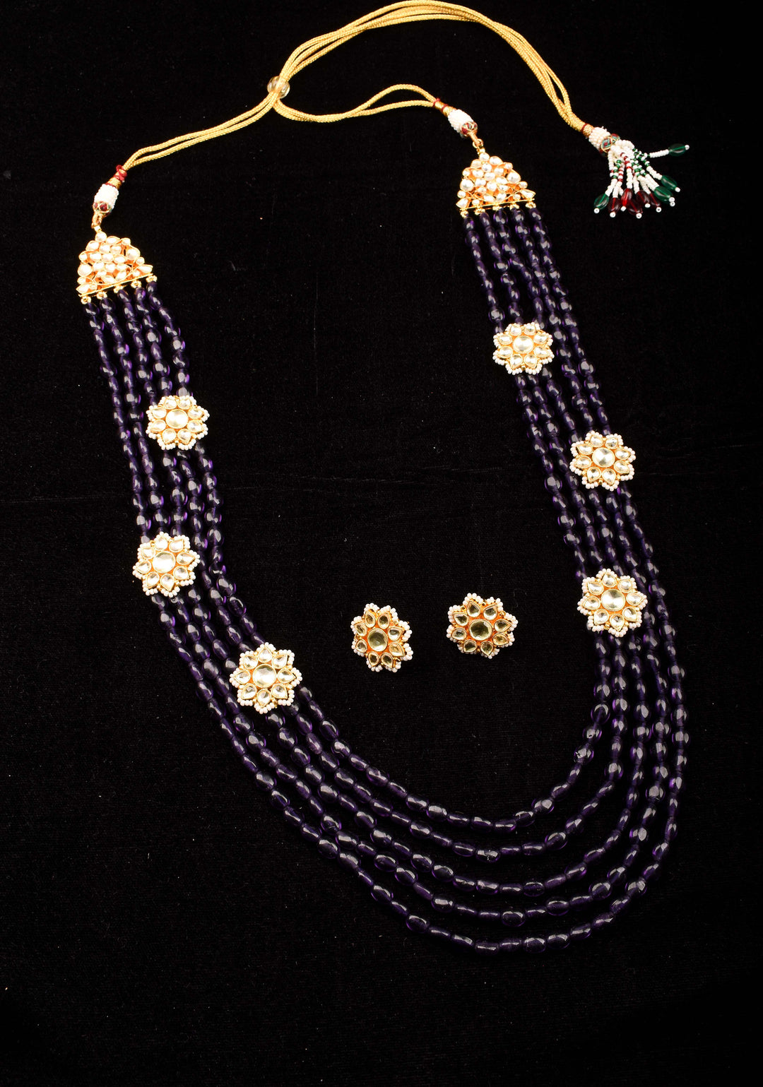 Elegant Purple Multistrand Beads Ahmedabadi Jadau Kundan Long Necklace Set