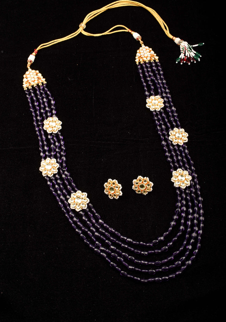 Elegant Purple Multistrand Beads Ahmedabadi Jadau Kundan Long Necklace Set