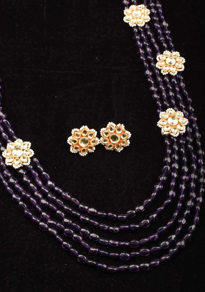 Elegant Purple Multistrand Beads Ahmedabadi Jadau Kundan Long Necklace Set