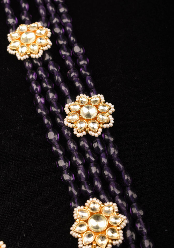 Elegant Purple Multistrand Beads Ahmedabadi Jadau Kundan Long Necklace Set